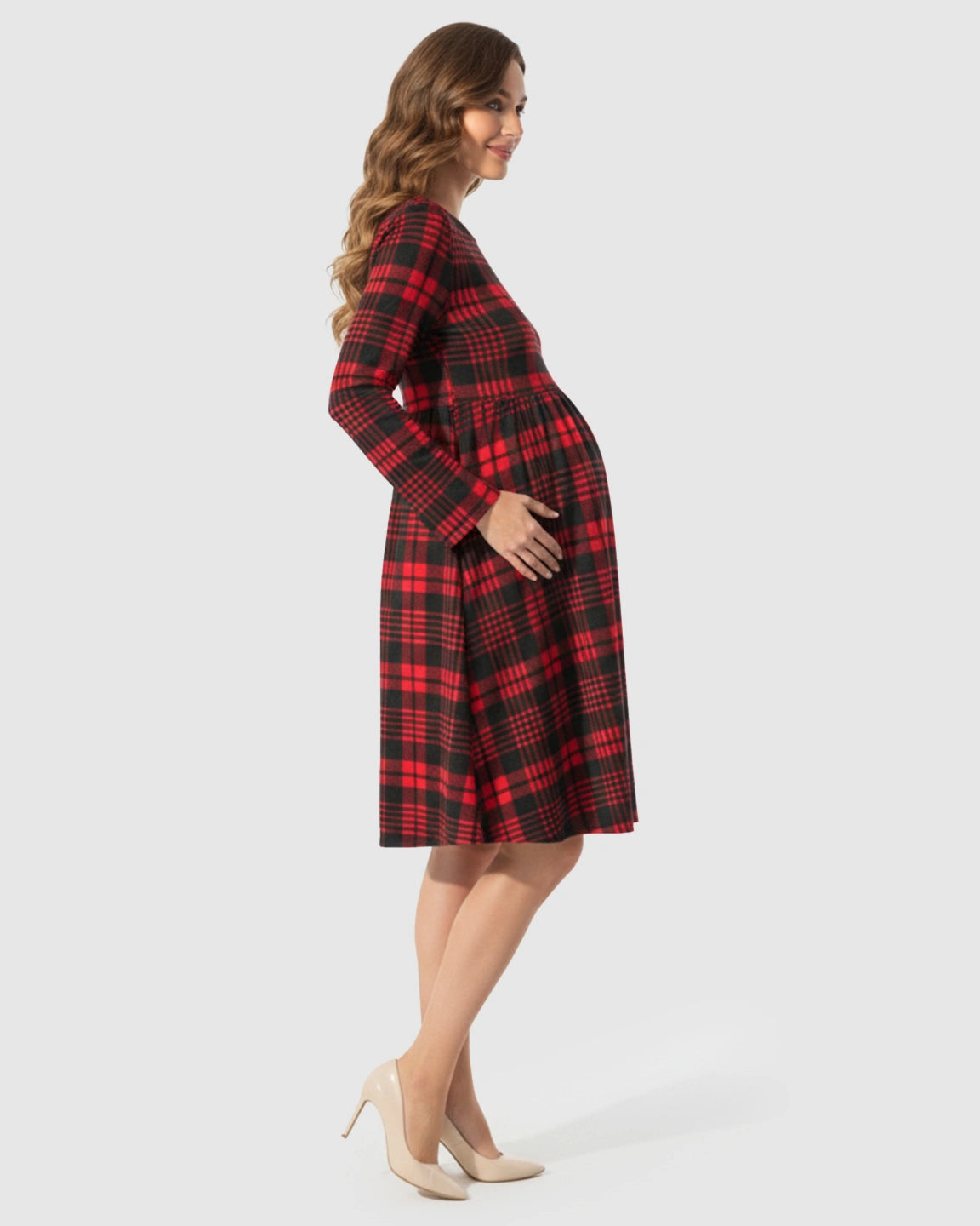 Red & Black Plaid Pattern A-Line Maternity Short Dress