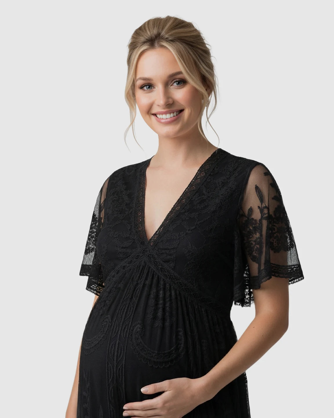 Sheer-Lace Romantic Maternity Maxi Dress