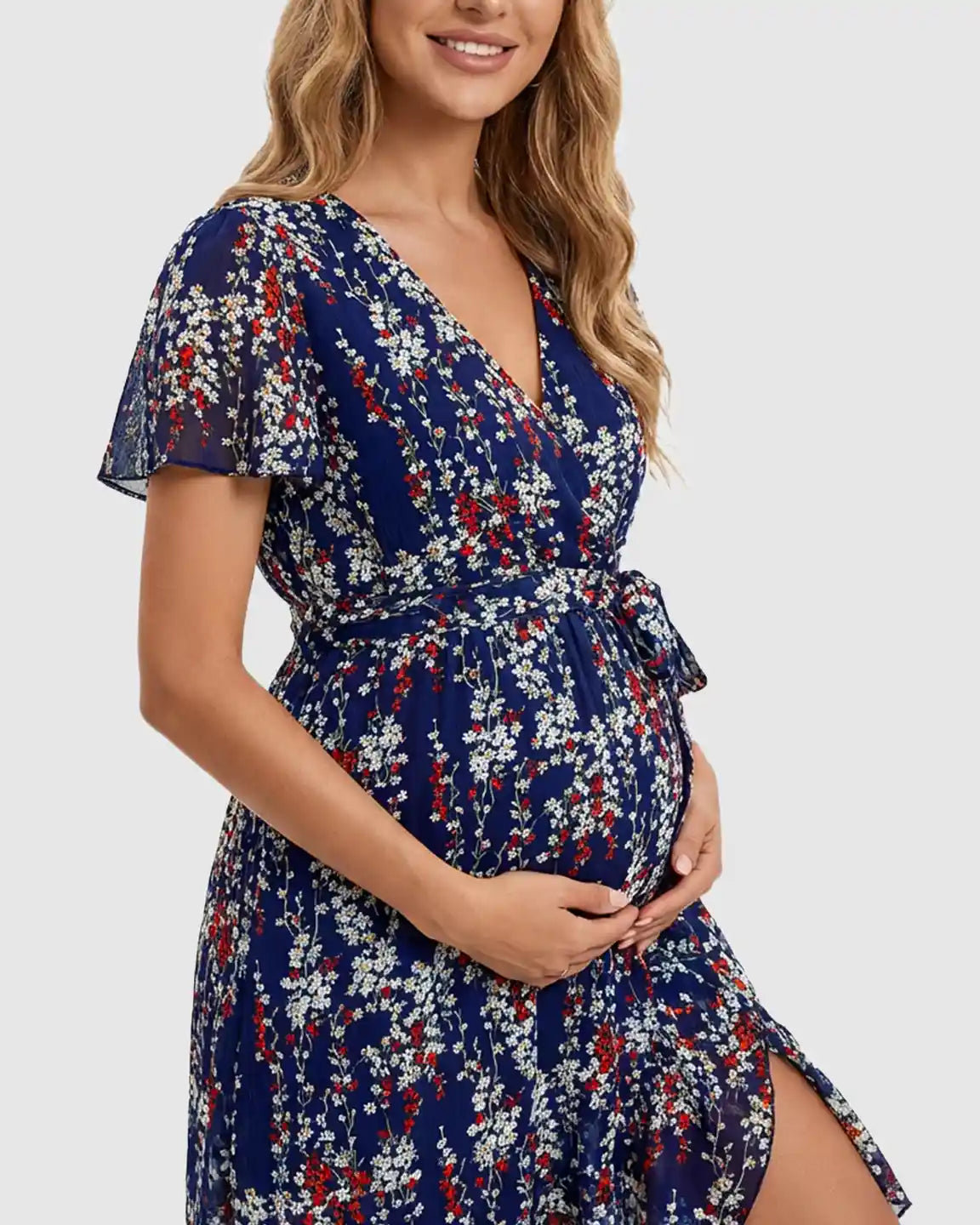 Navy Floral Wrap-Front Maternity Midi Dress