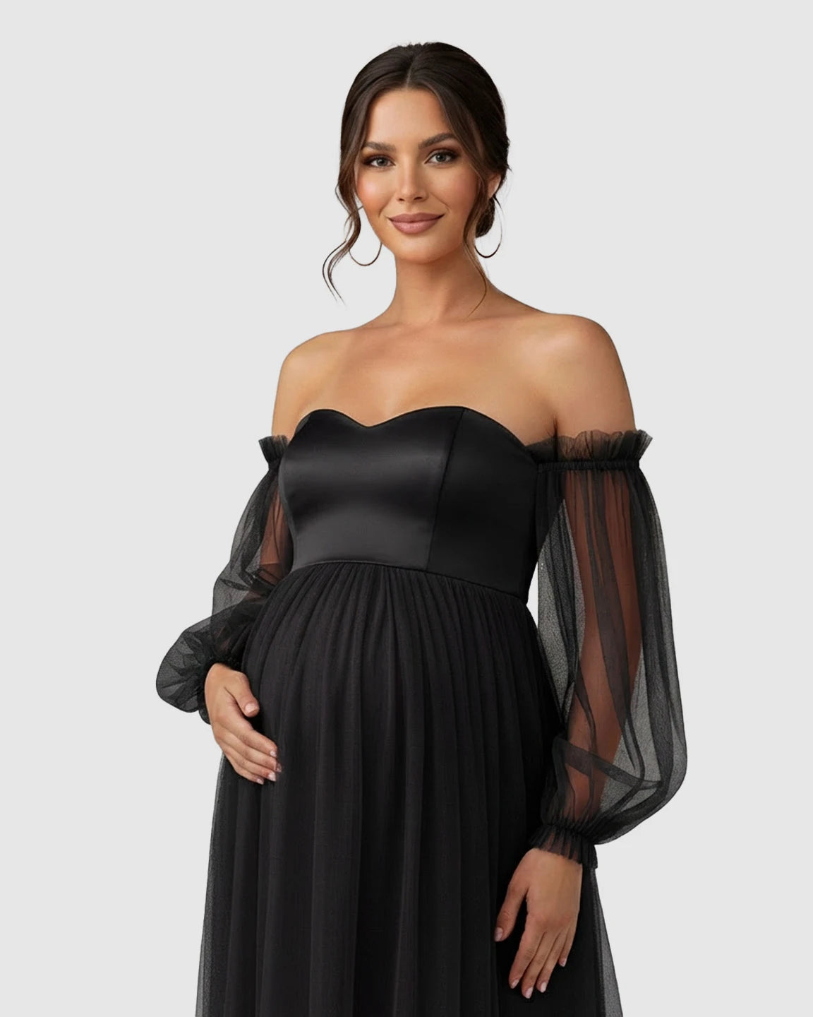 Off-Shoulder Mesh-Sleeve Maternity Gown