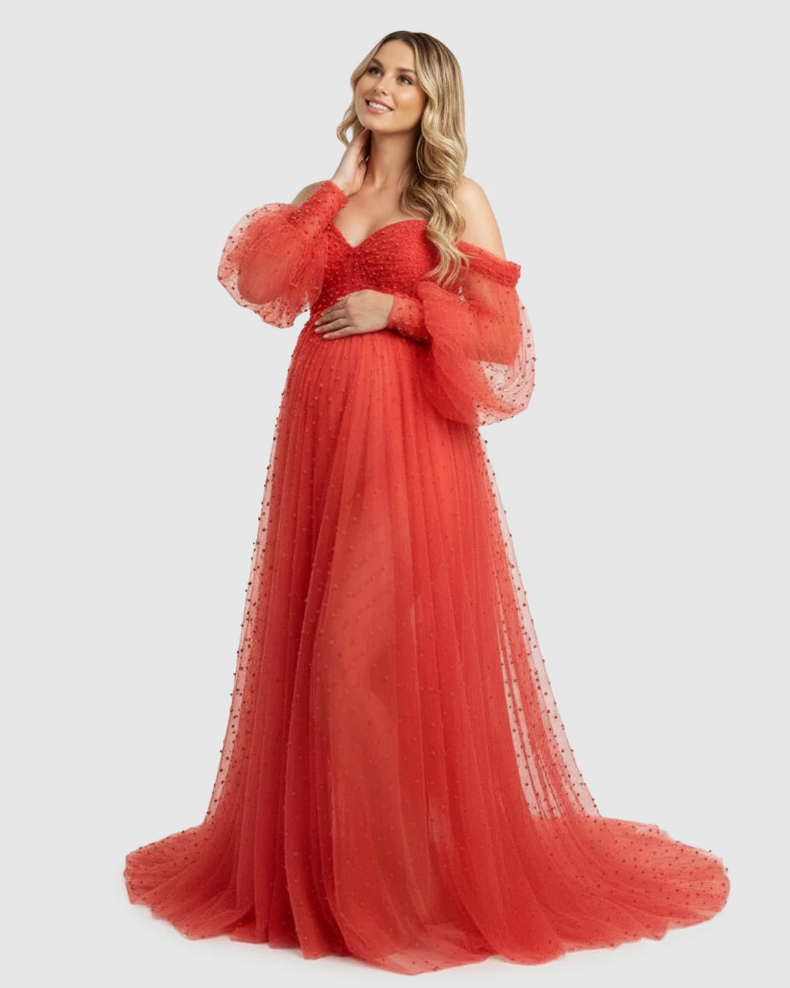 Off-Shoulder Tulle Train Maternity Gown