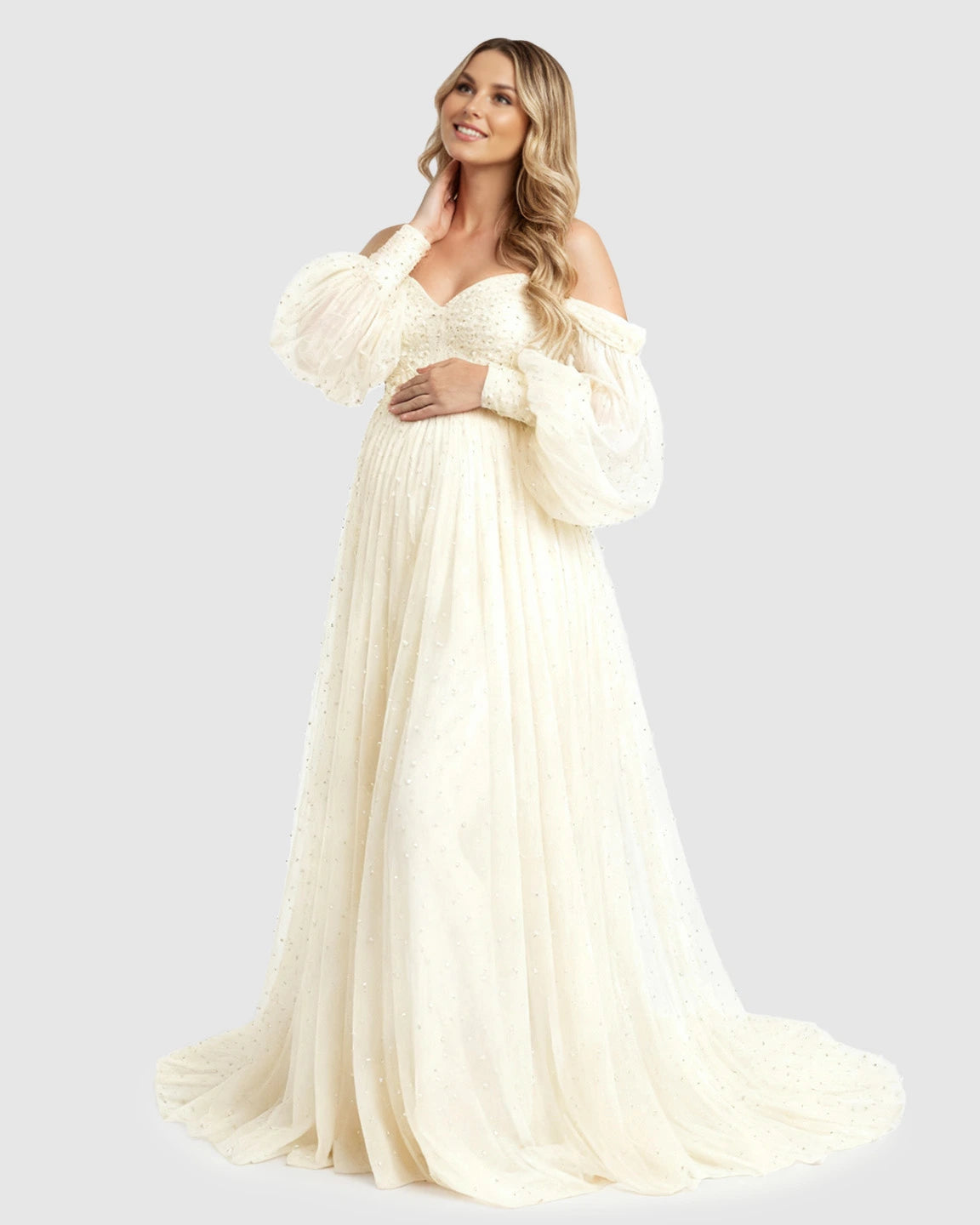 Off-Shoulder Tulle Train Maternity Gown