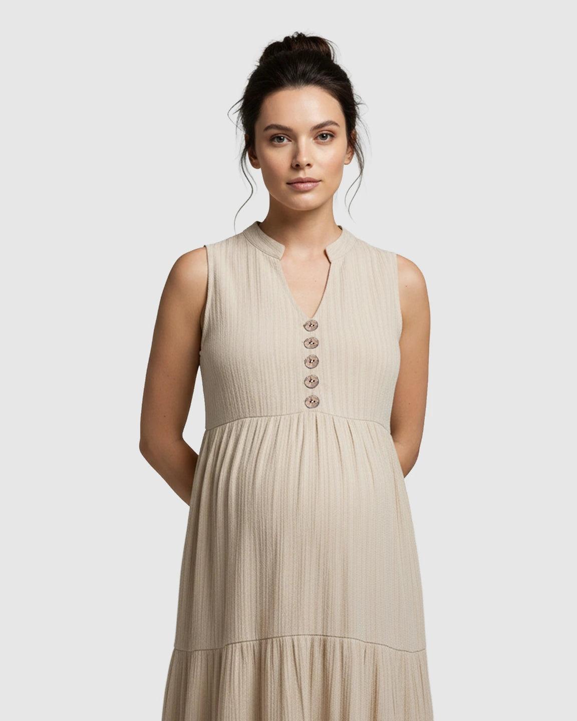 Button-Front Detail Tiered Maternity Midi Dress