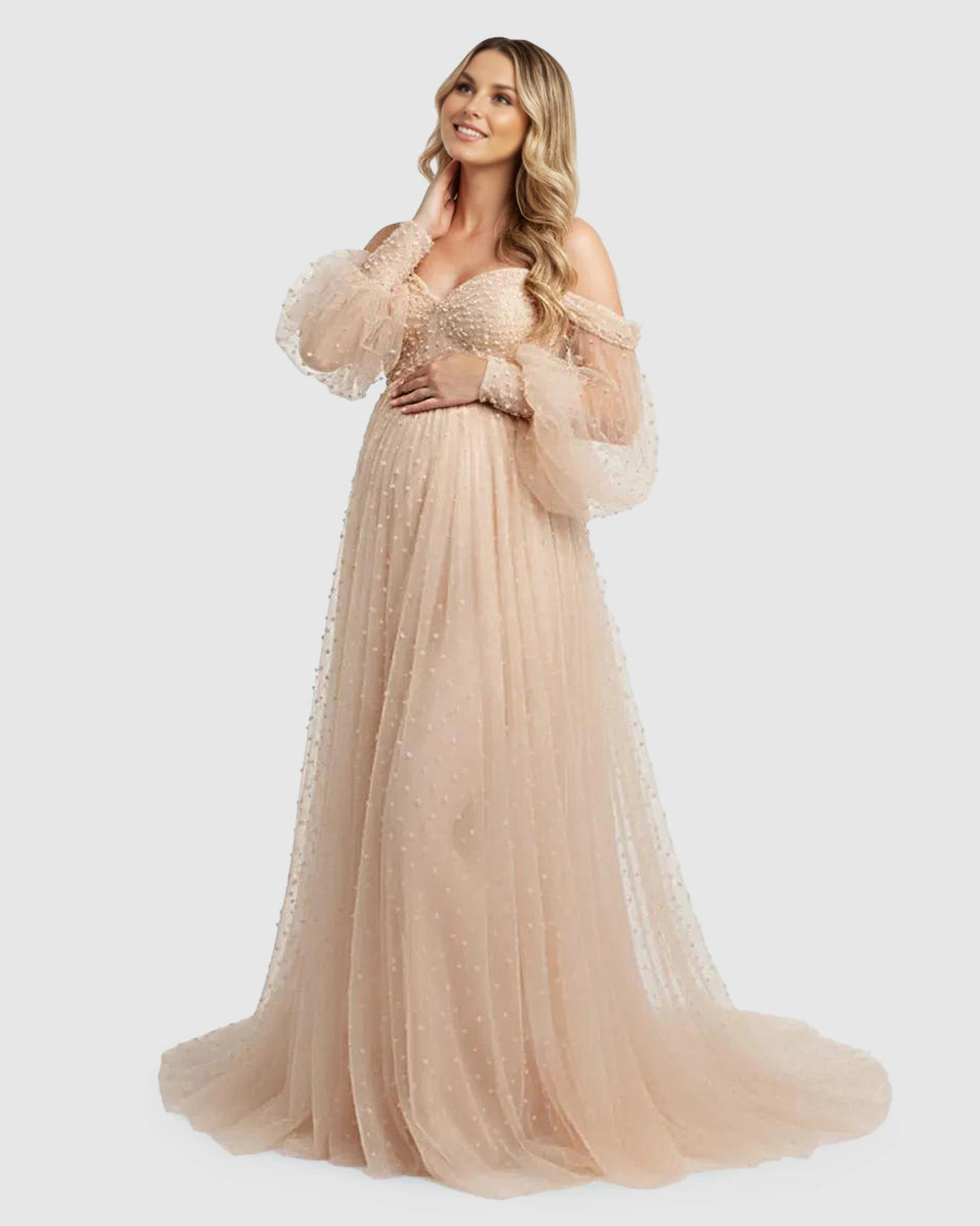 Off-Shoulder Tulle Train Maternity Gown