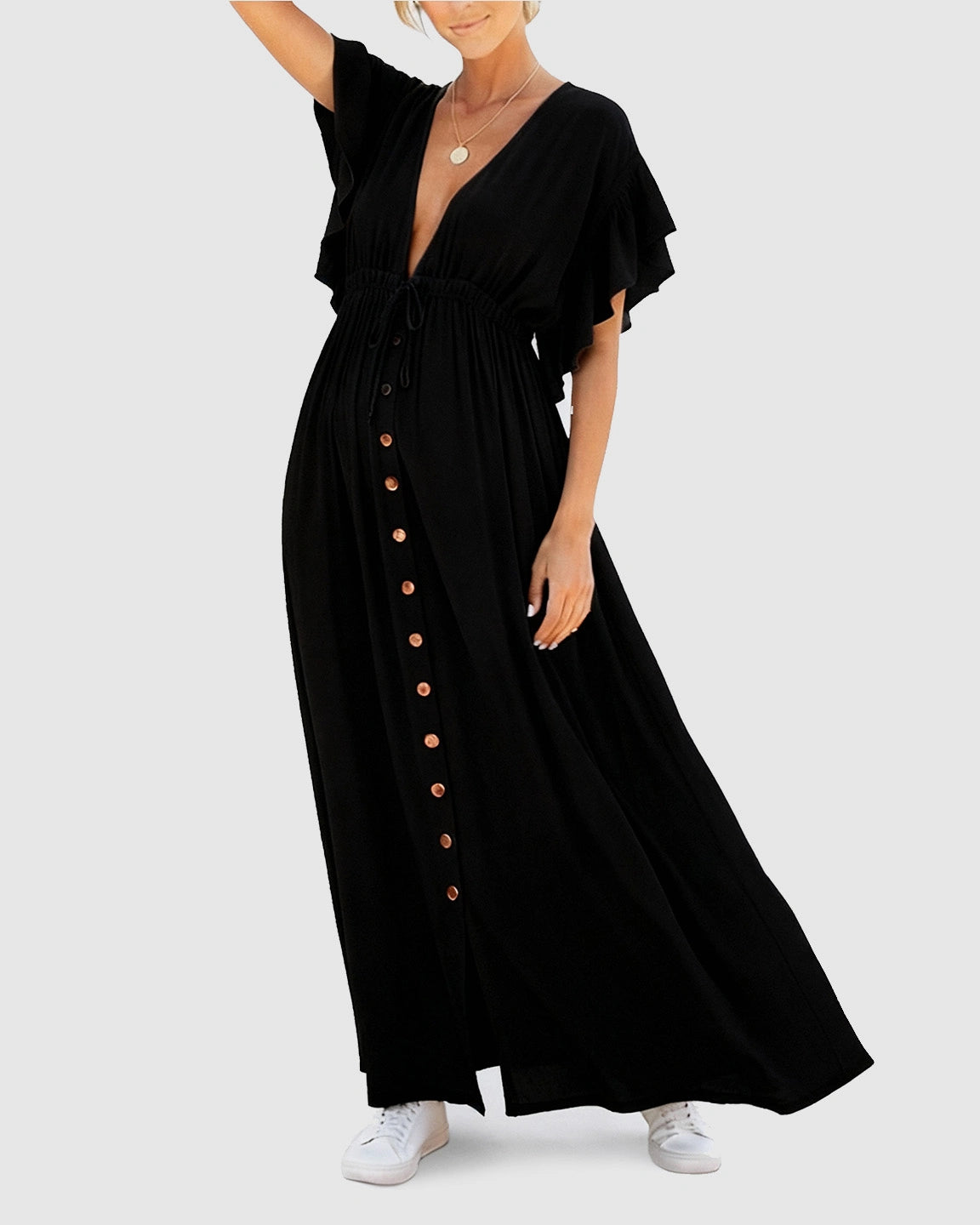 Button-Front Deep V Neck Maxi Beach Cover-Up Dress