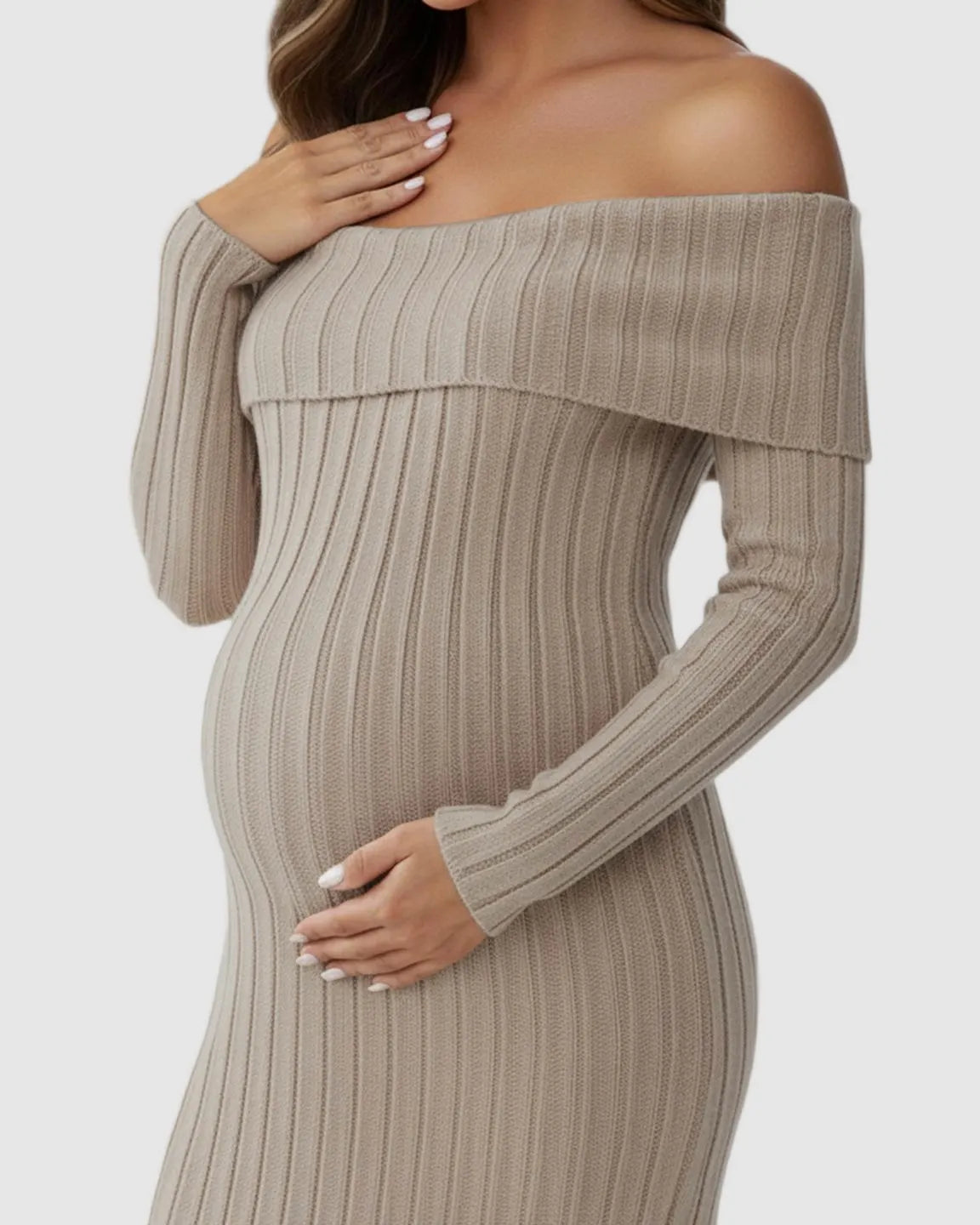 Ribbed Off-Shoulder Bodycon Maternity Midi Dress with Side Slit