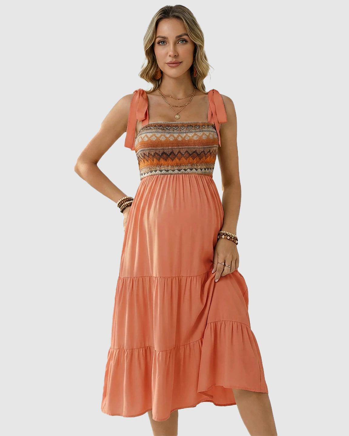 Smocked Ethnic Bodice Tiered A-Line Maternity Sundress