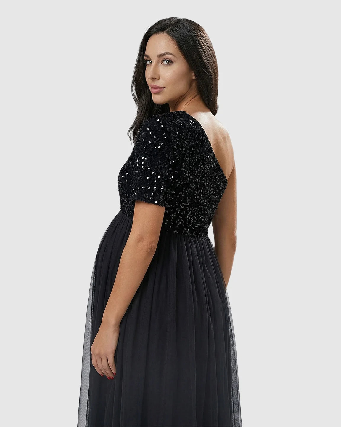 Sequin One-Shoulder Flowing Mesh Maternity Maxi Dress