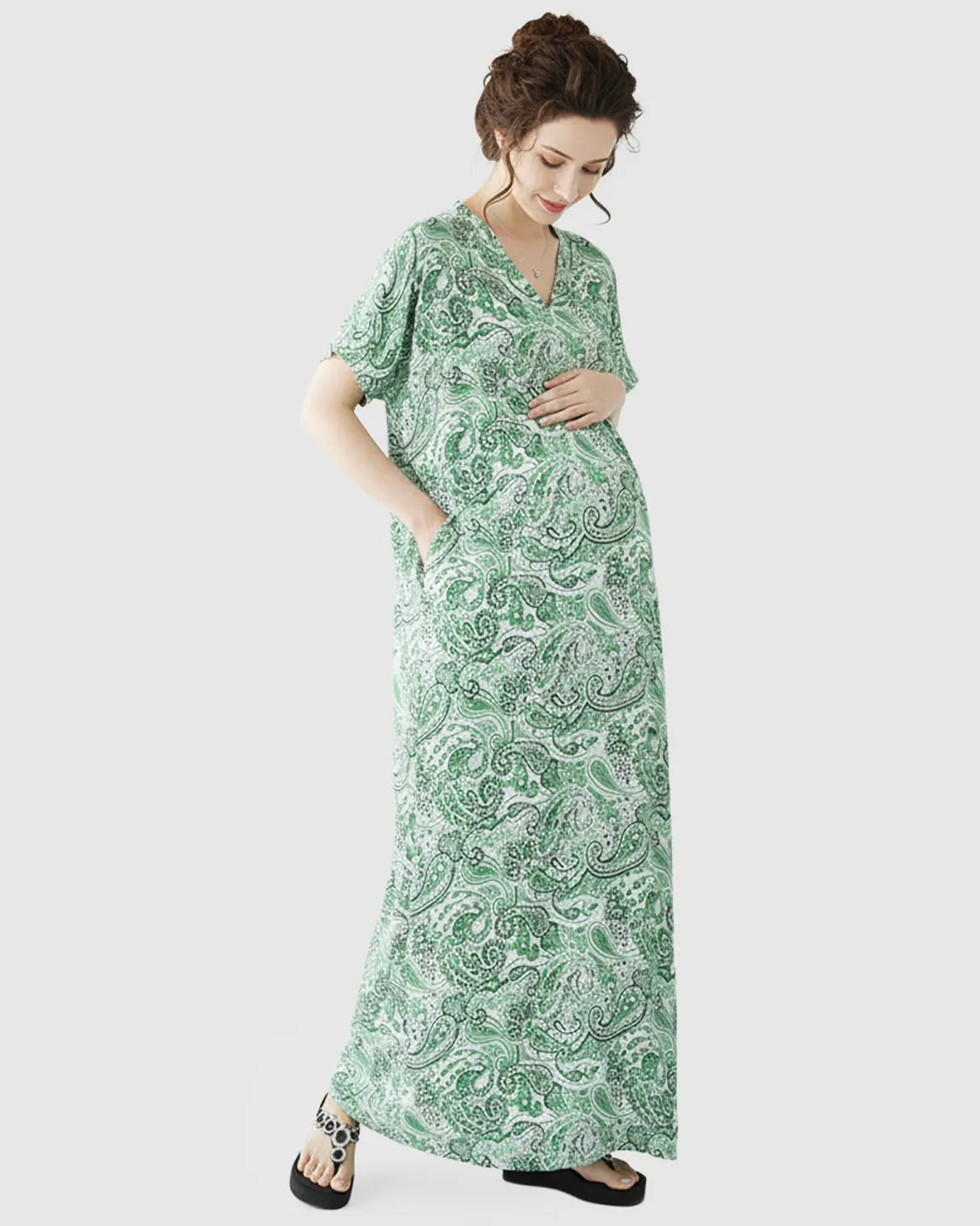 V-neck Ethnic Floral Print Maternity Maxi Dress