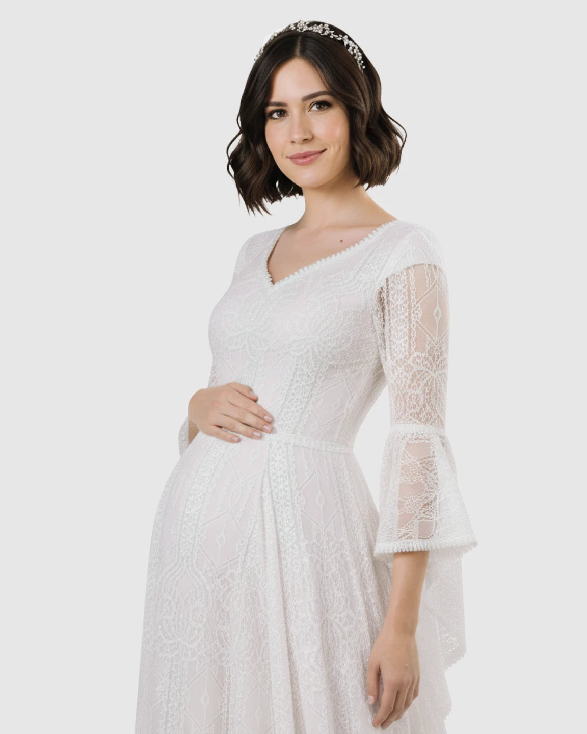Lace Bell-Sleeve Floor-Length Maternity Gown