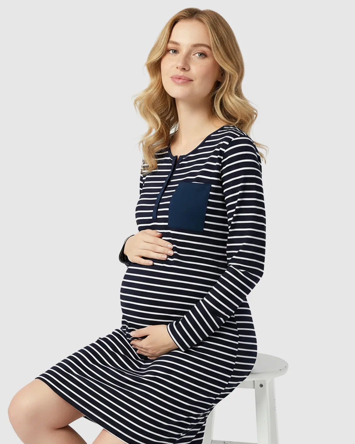 Striped Long-Sleeve Nursing & Maternity Midi Dress