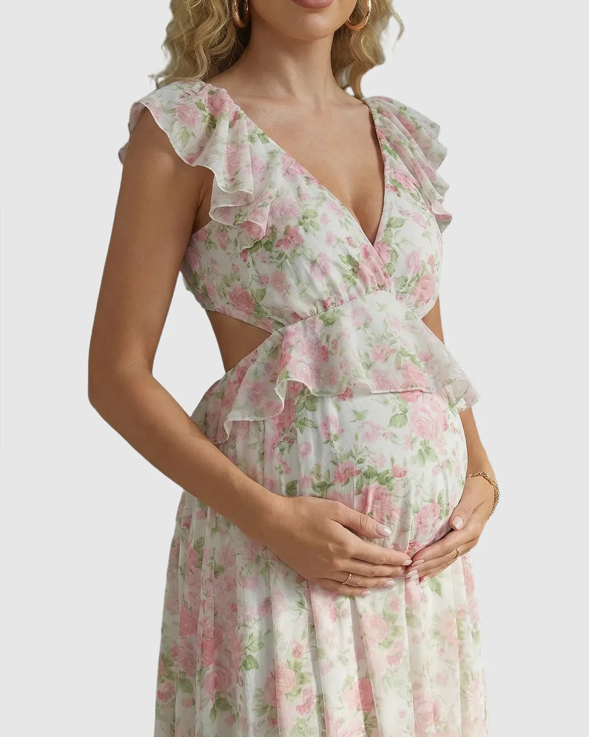 Ruffle Cap Sleeve Romantic Floral Maternity Photoshoot Dress