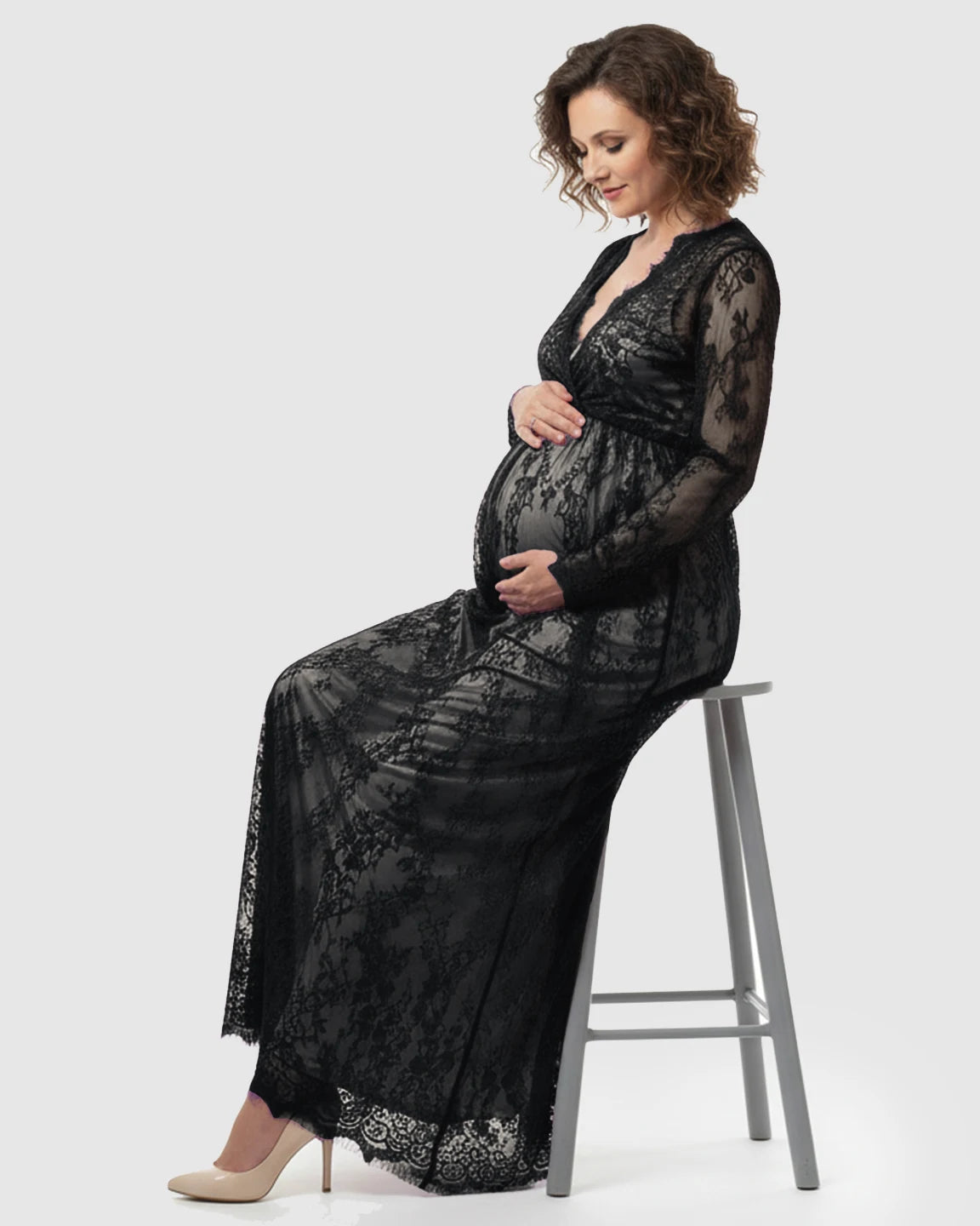 Sheer Floral Lace Empire Waist Maternity Maxi Dress