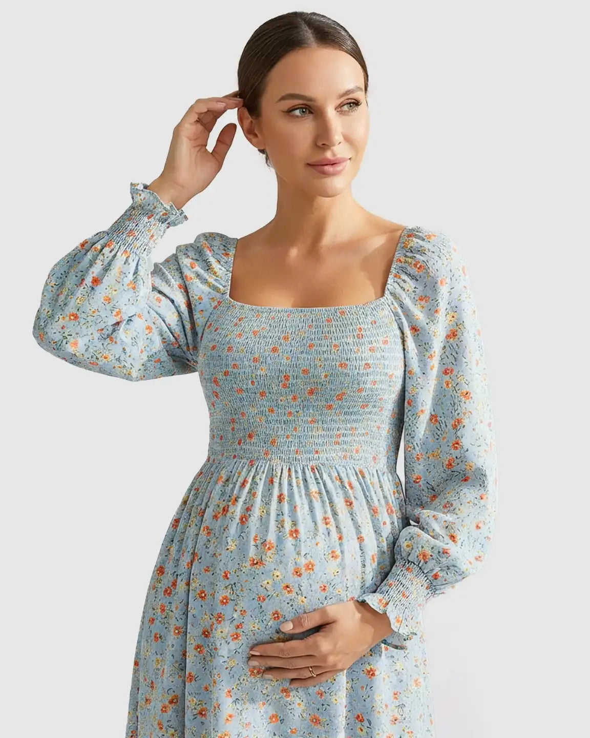 Smocked Bodice Floral Maternity Midi Dress