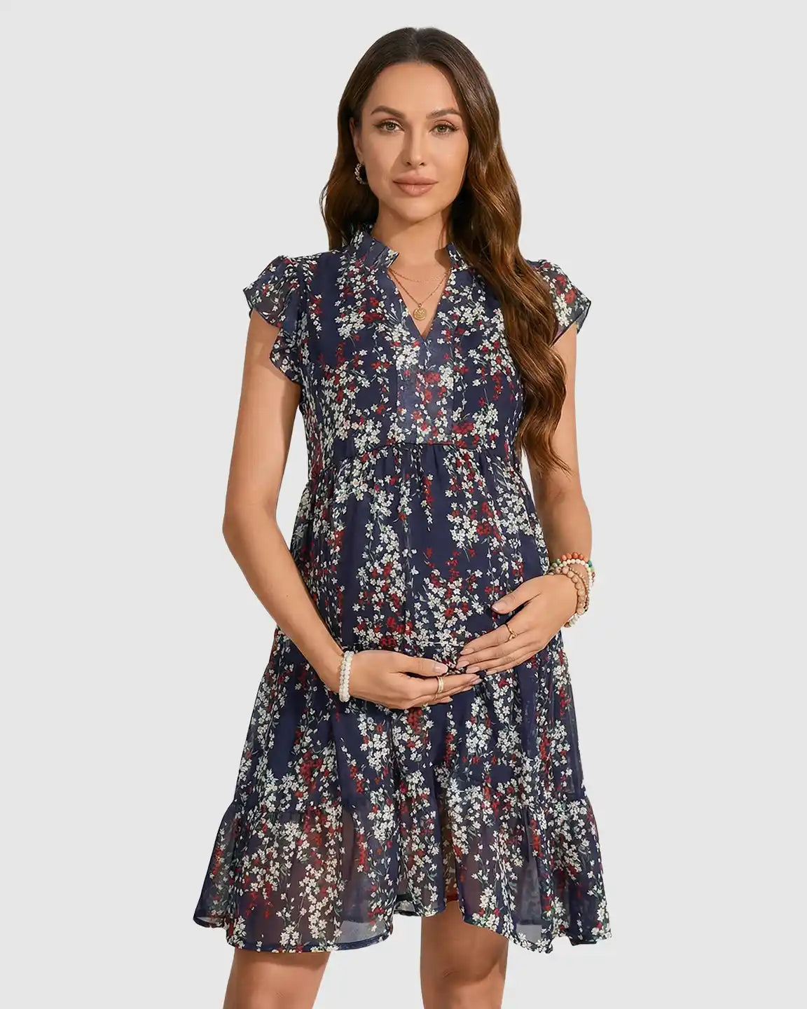 Flutter Sleeves Floral Print Maternity Dress