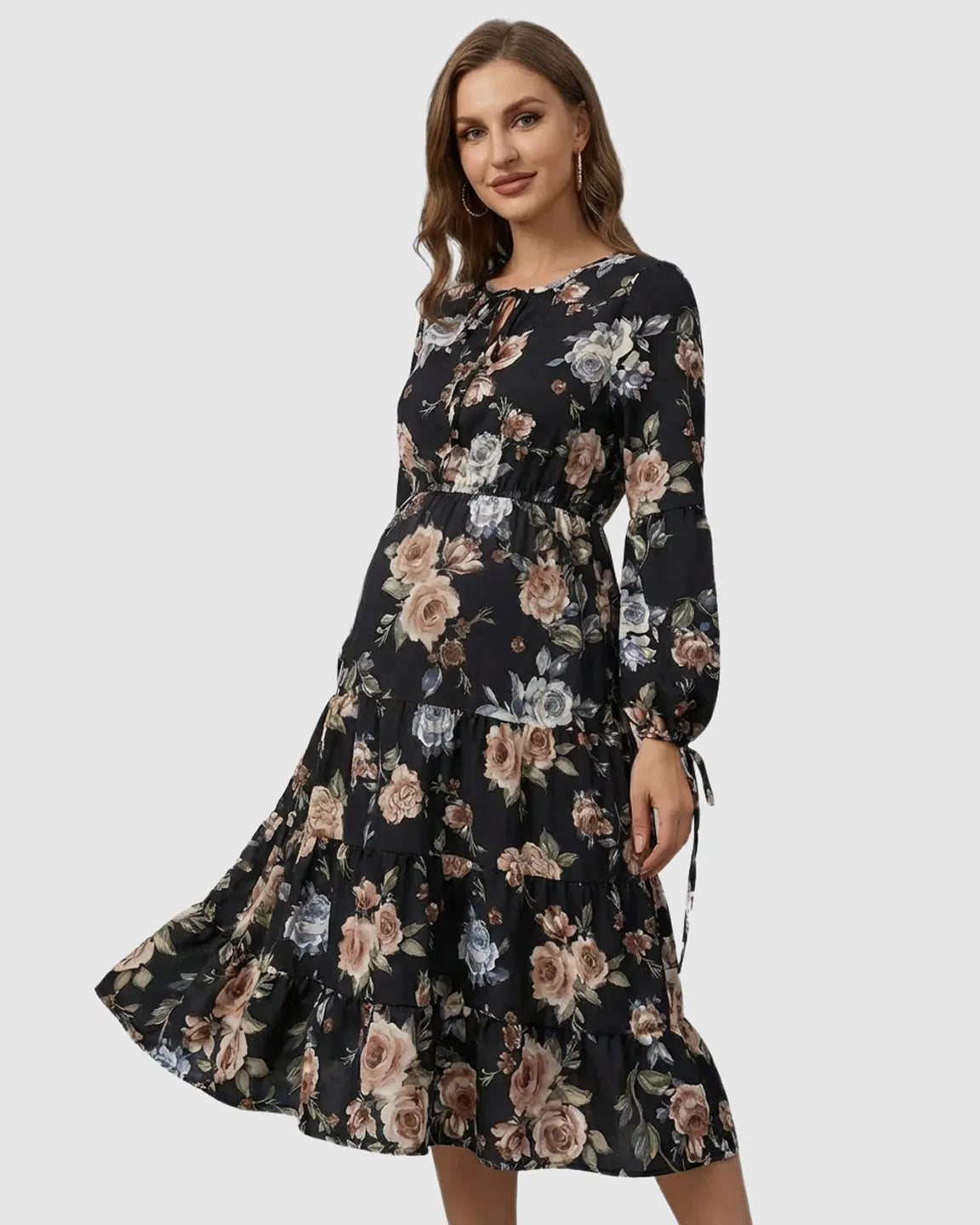 Floral Tiered Hem Boho Maternity Midi Dress