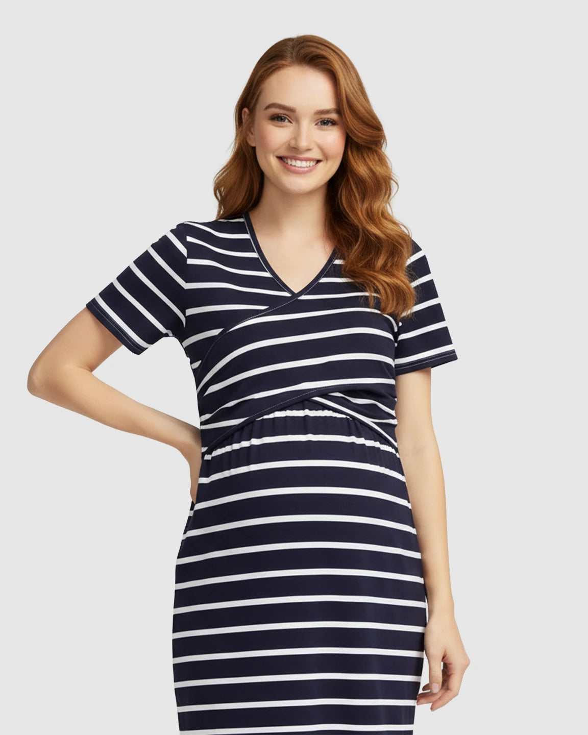 Striped-Crossover Fitted Nursing Maternity Midi Dress