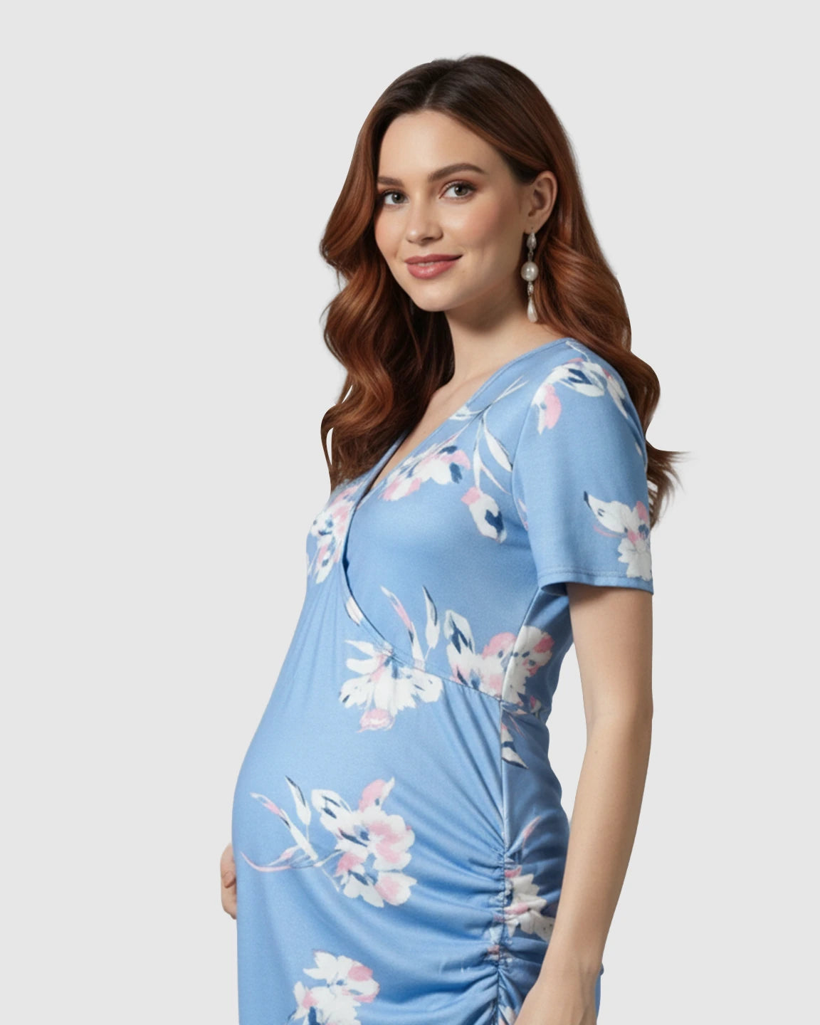 Ruched Floral Wrap Nursing & Maternity Midi Dress