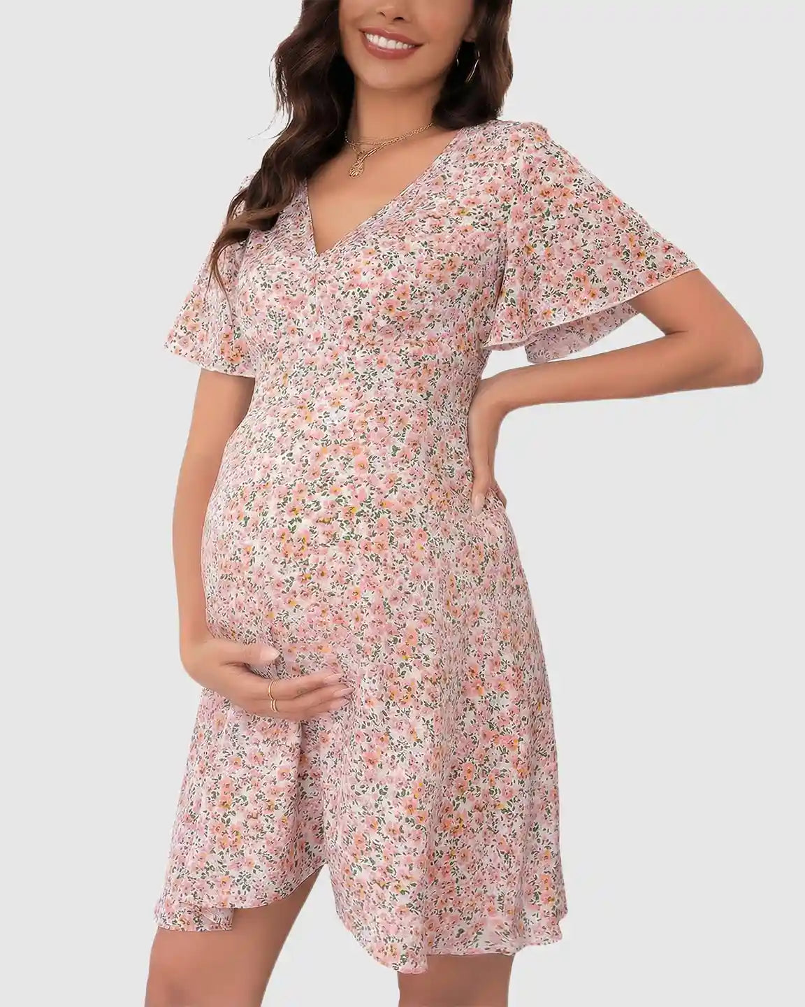 Flounce-Sleeve Floral A-Line Maternity Mini Dress