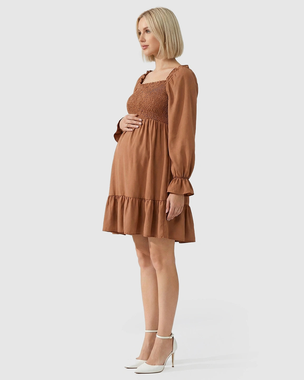 Flared Sleeve Smocked Babydoll Maternity Dress