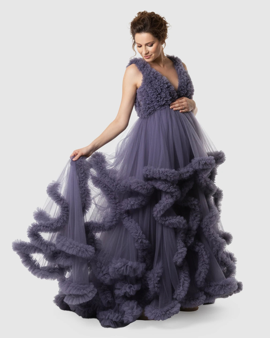 Ruffled Bodice Multi-Layer Mesh Pleats Maternity Gown