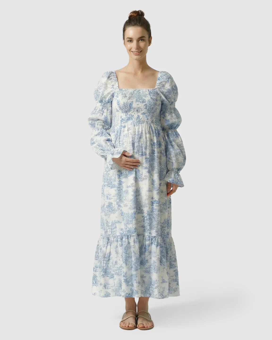 Puff Sleeves Floral Tiered Maternity Maxi Dress