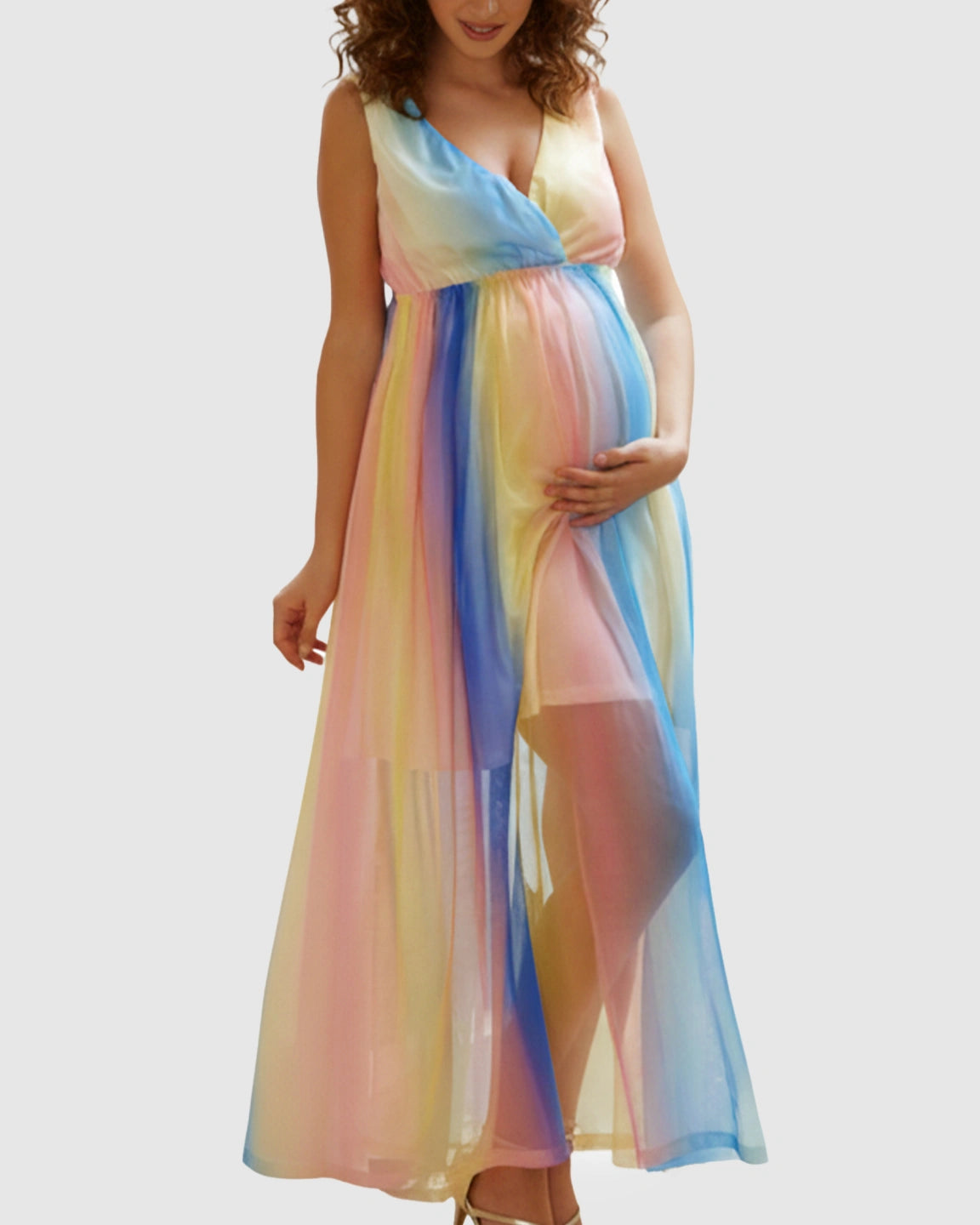 Deep V-Neck Rainbow Chiffon Maternity Maxi Dress