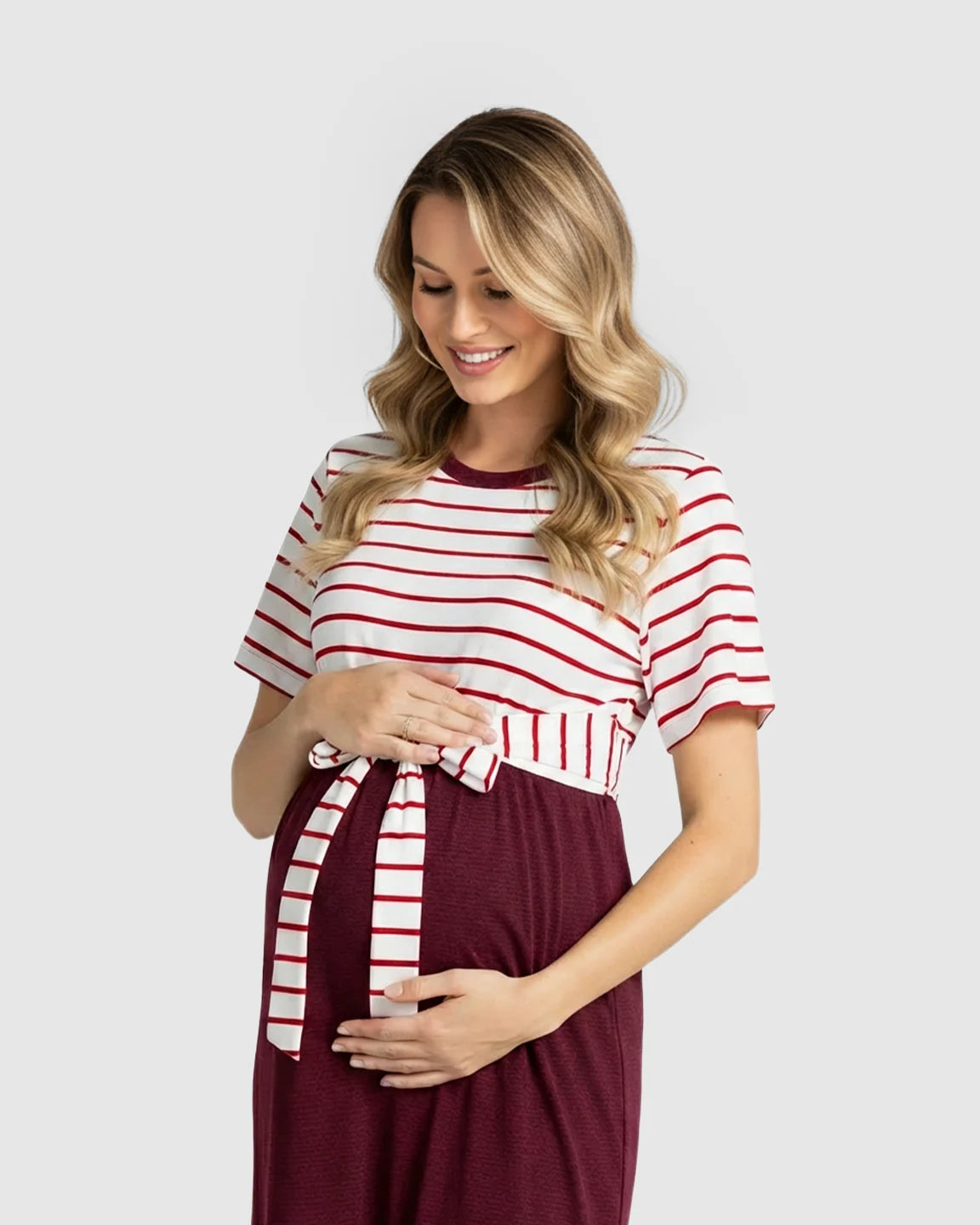 Striped Tie-Waist Casual Maternity Midi Dress
