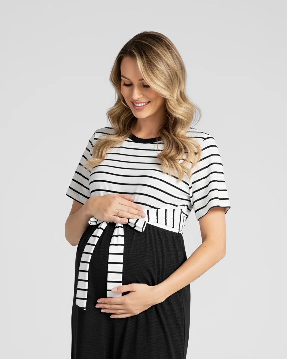 Striped Tie-Waist Casual Maternity Midi Dress