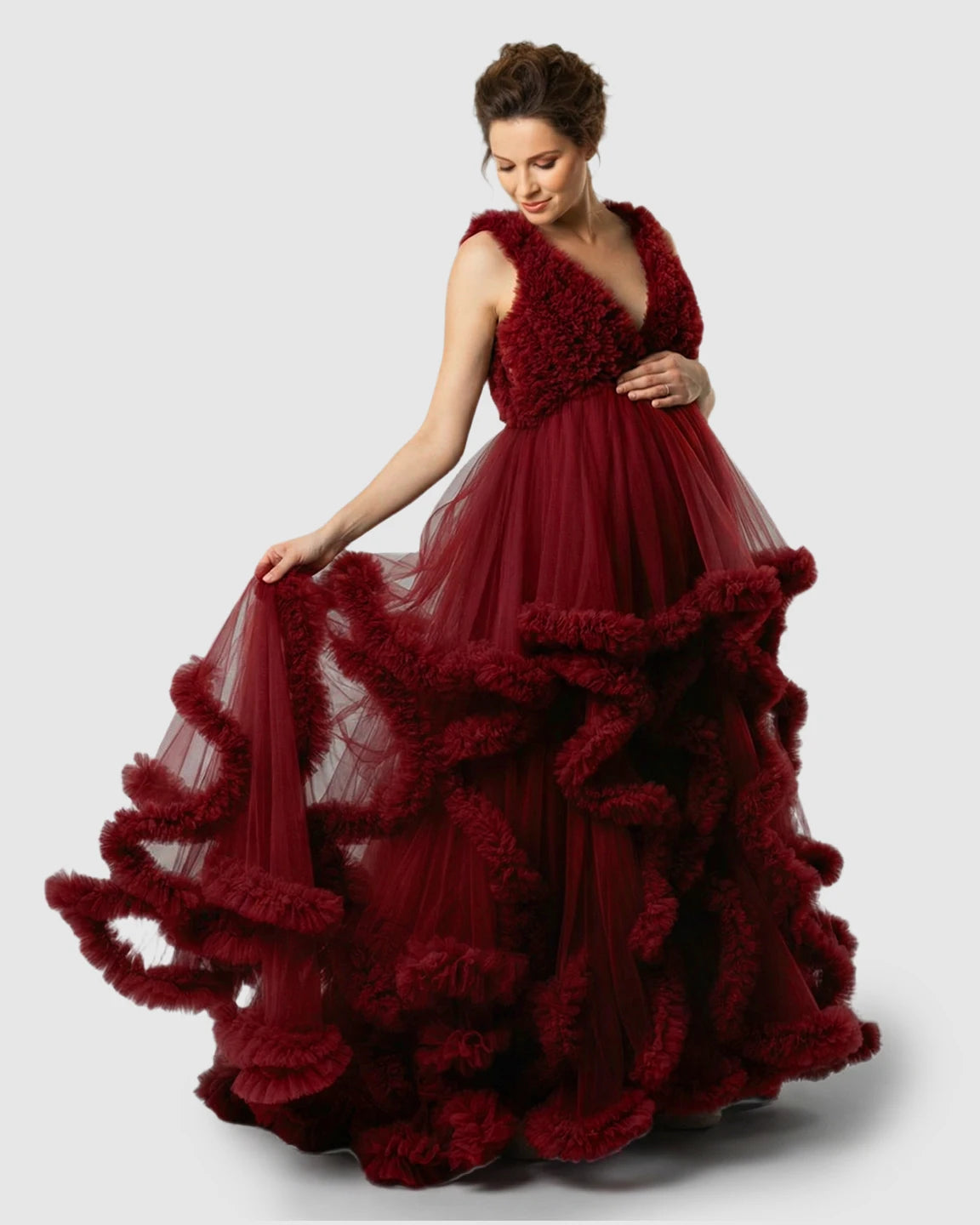 Ruffled Bodice Multi-Layer Mesh Pleats Maternity Gown