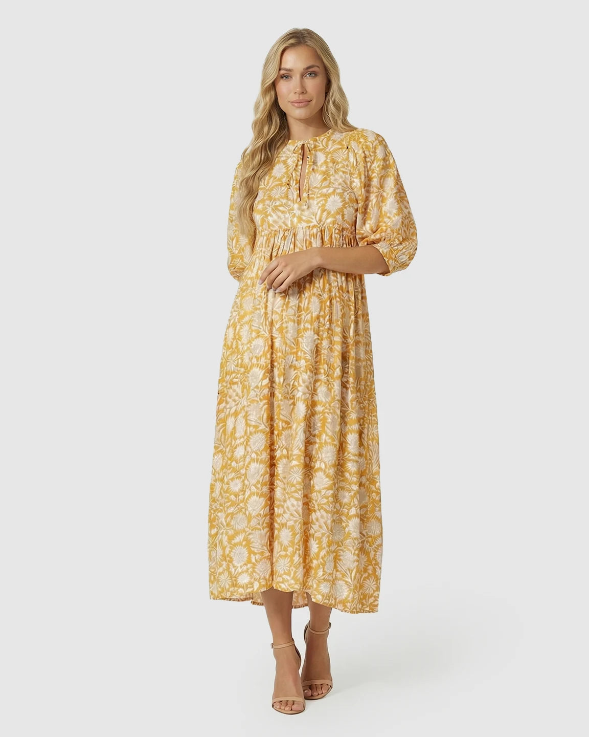 Gathered Waist Floral Print Maternity Midi Dress