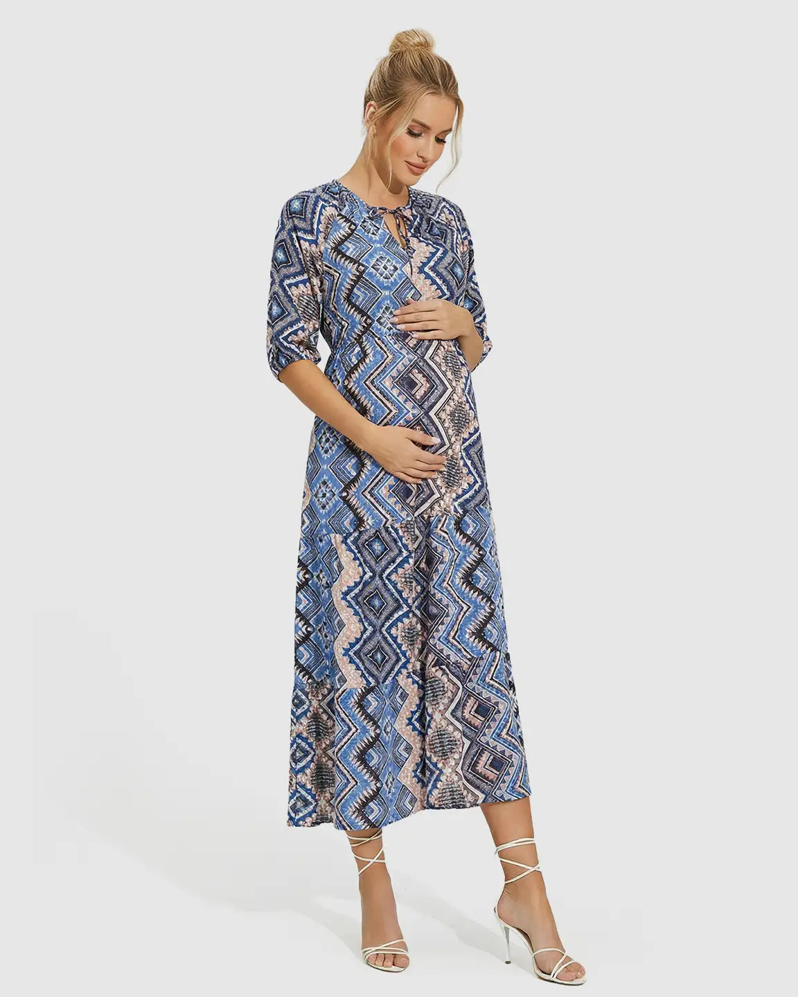 V-Neck Boho Print Maternity Midi Dress