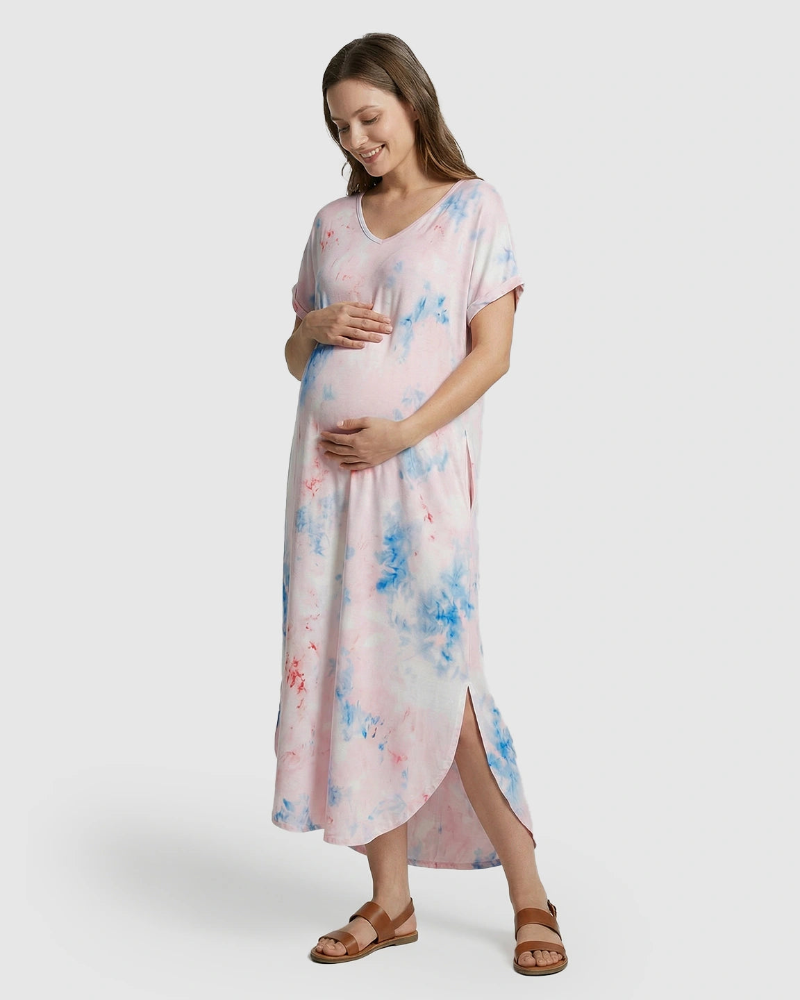 V-Neck Tie-Dye Maternity Midi Dress