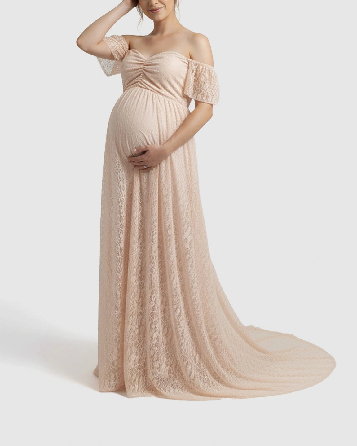 Off-Shoulder Flowing Lace Maternity Maxi Dress