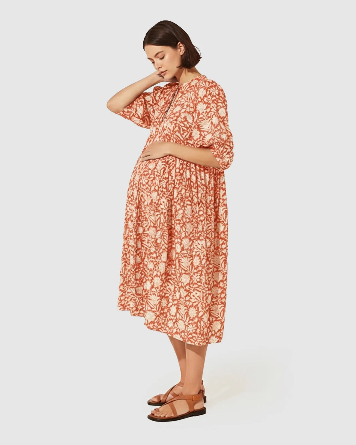 Puff Sleeve Floral Print Loose Maternity Dress