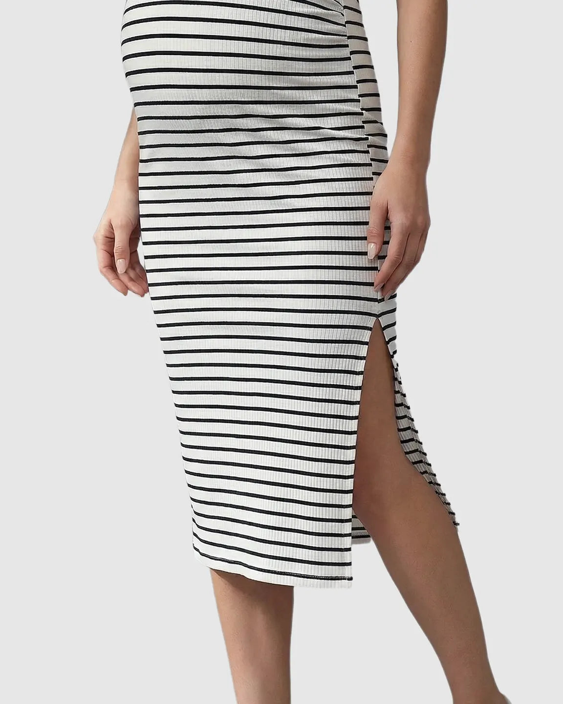 Stripe Print Side Slit Maternity Midi Dress