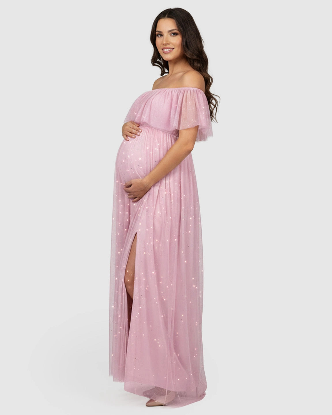 Off-Shoulder Mesh Slit Maternity Gown