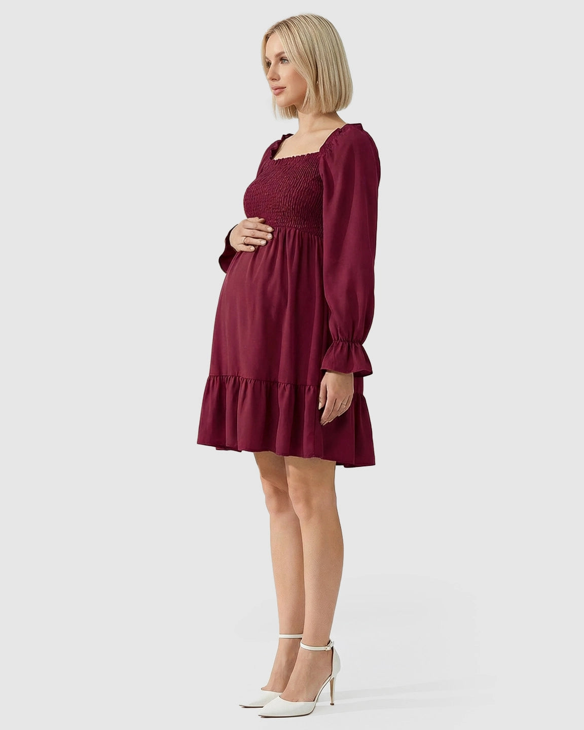 Flared Sleeve Smocked Babydoll Maternity Dress