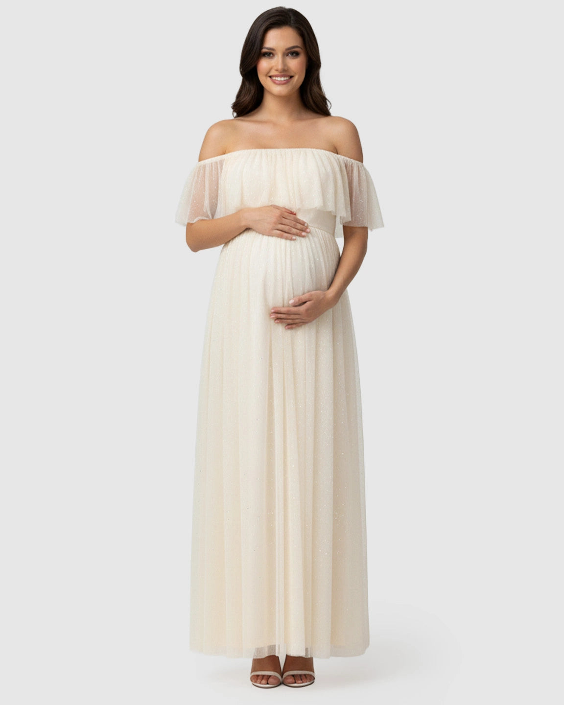 Off-Shoulder Mesh Empire Waist Maternity Maxi Dress