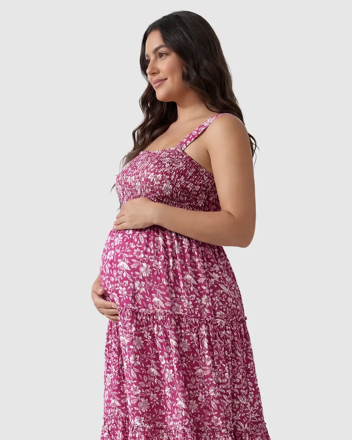 Smocked Floral A-Line Maternity Midi Dress