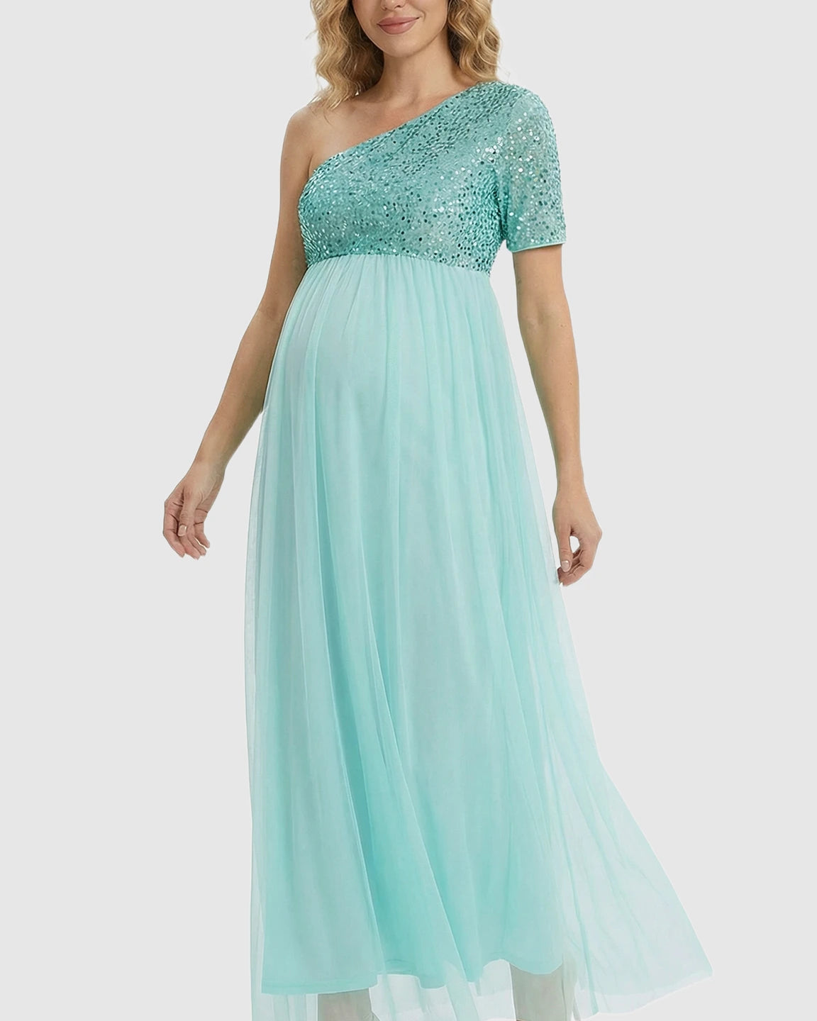 Sequin One-Shoulder Flowy Maternity Maxi Dress