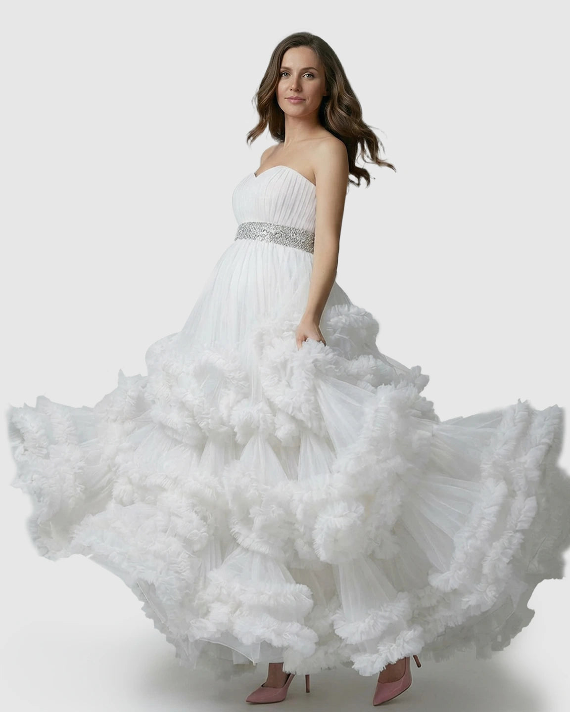 Strapless Bodice Multi-Layered Ruffled Skirt Maternity Photoshoot Dress