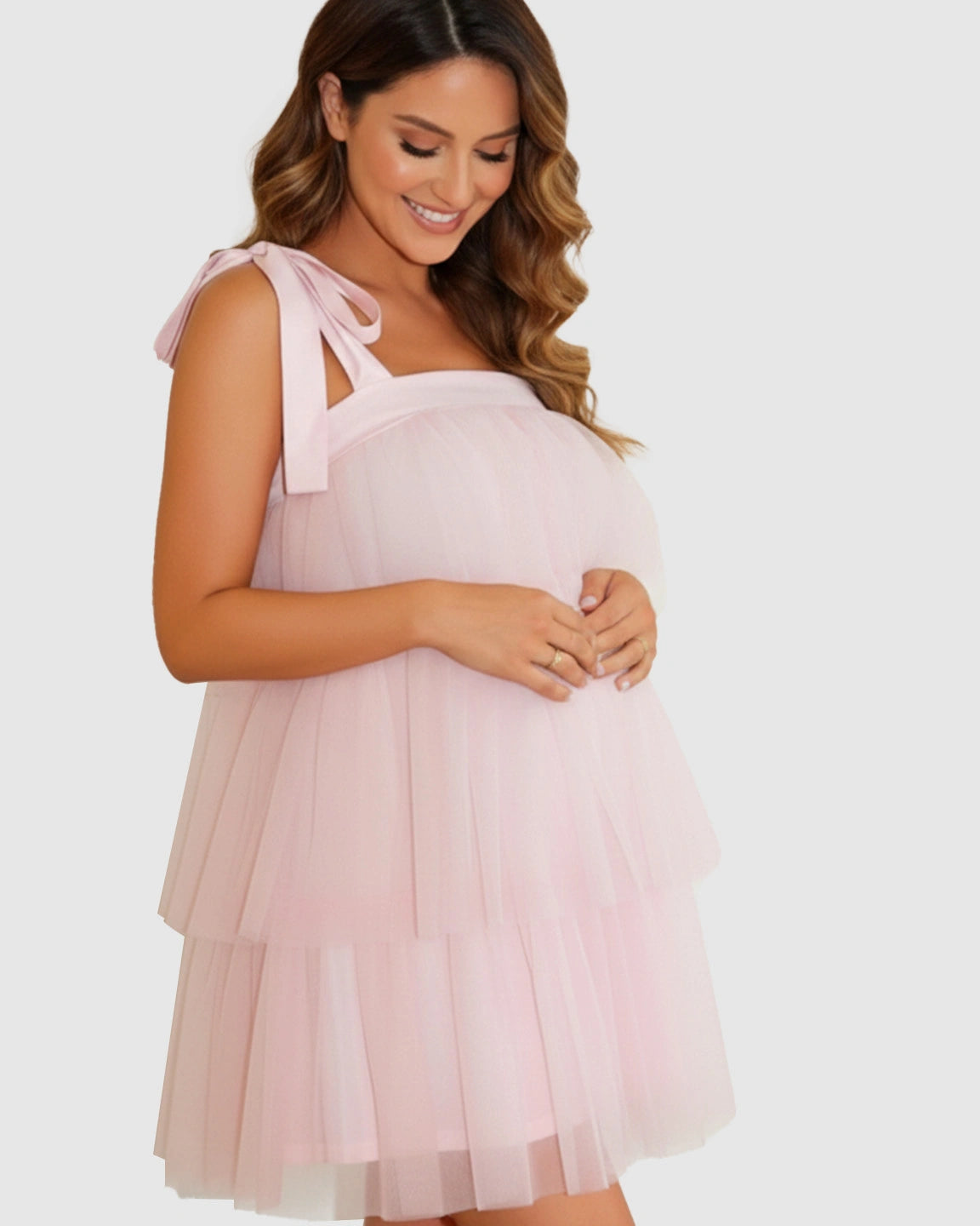Bow-Tie Tulle Cake-Layer Maternity Mini Dress