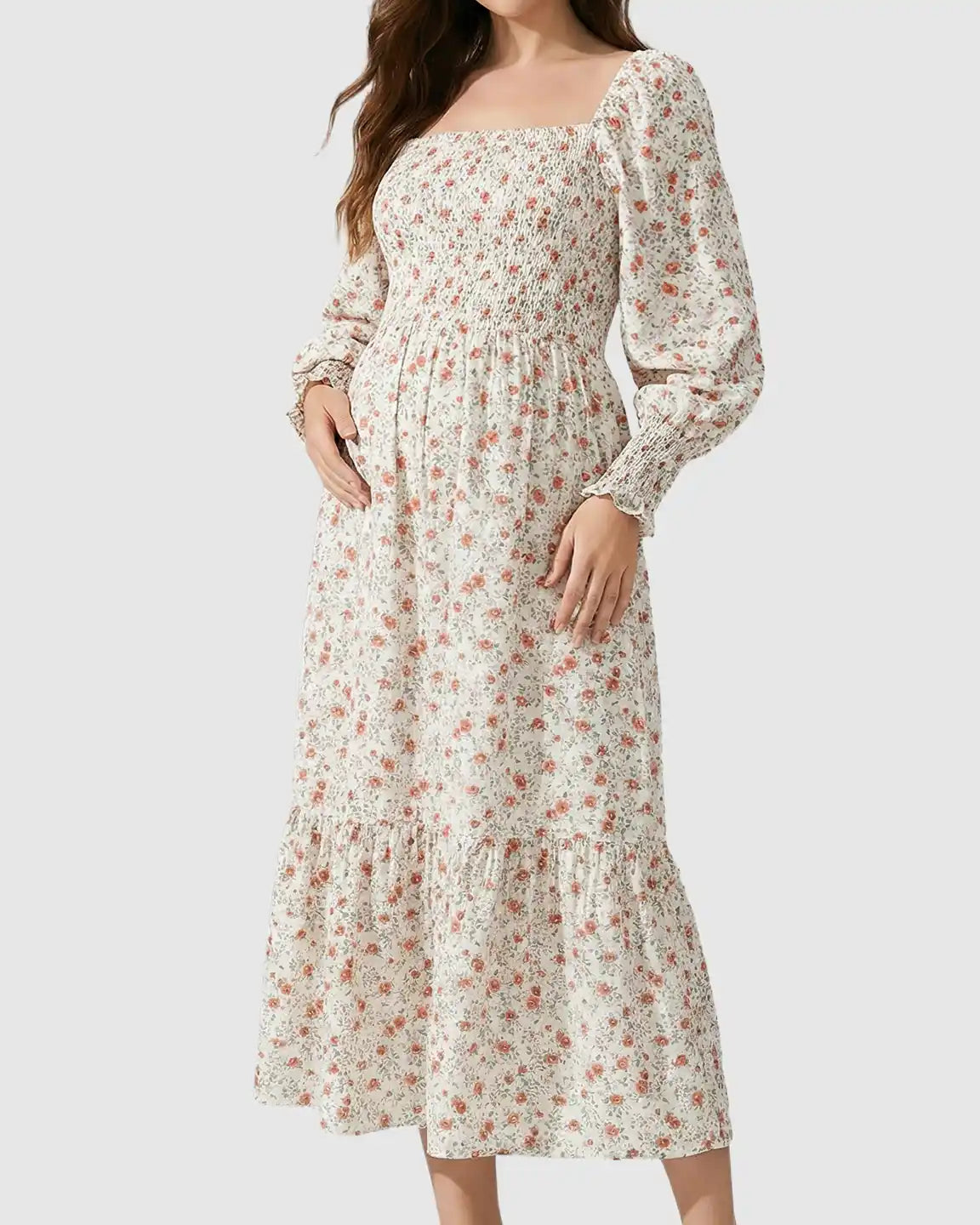 Smocked Boho Style Maternity Midi Dress