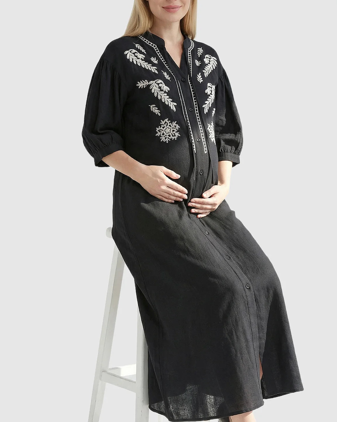 Embroidered Mandarin Collar Loose Maternity Midi Dress