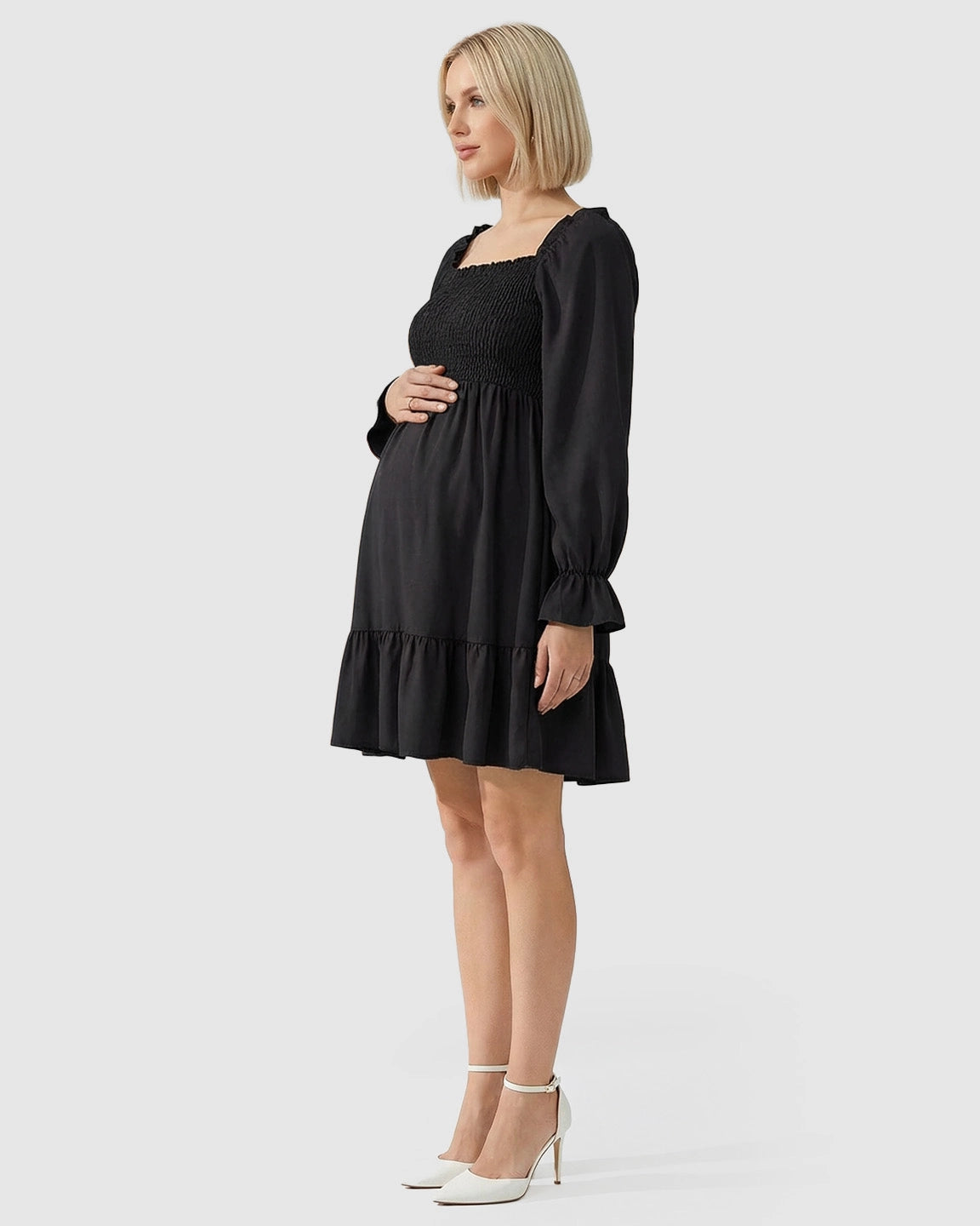 Flared Sleeve Smocked Babydoll Maternity Dress