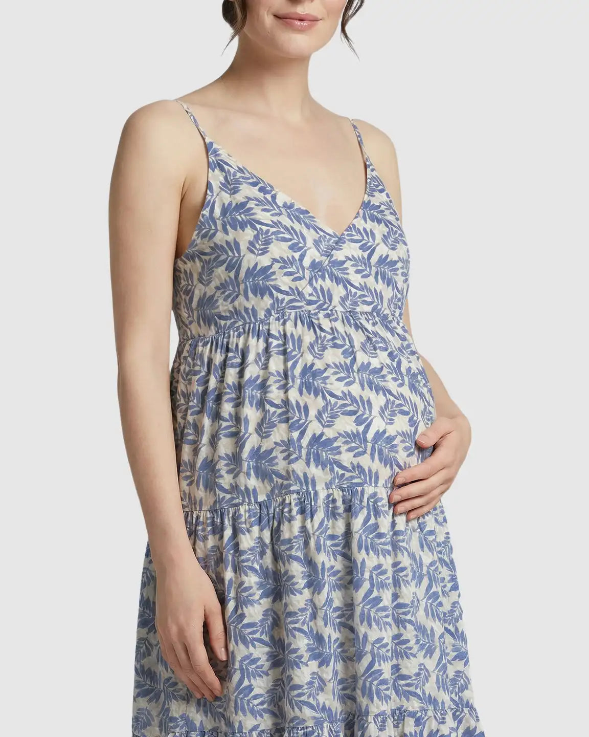 Adjustable-Strap Blue Leaves Print Maternity Nightdress
