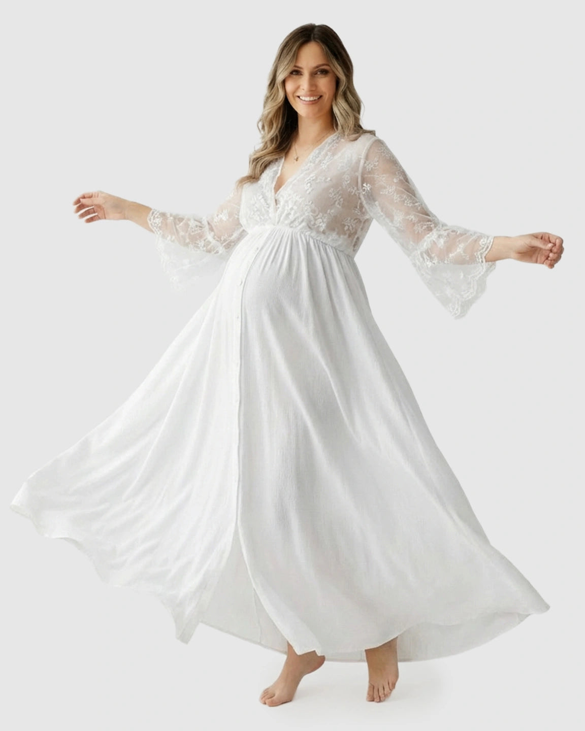 Lace Bell-Sleeve V-Neck Maternity Gown