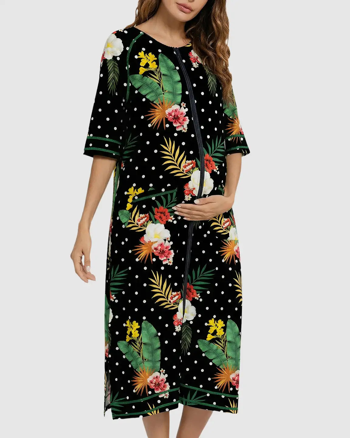 Zip-Front Tropical Print Maternity & Nursing Lounge Dress