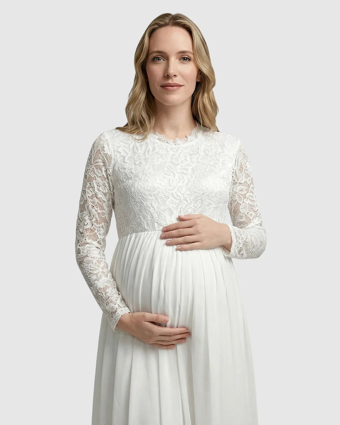 Lace Bodice Flowy Long-Sleeve Maternity Gown